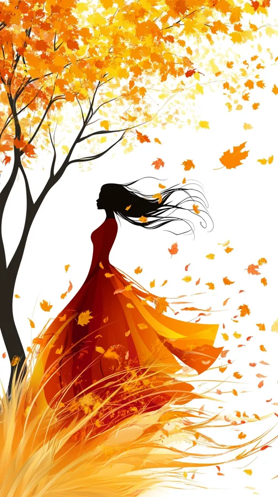 The image depicts a woman in a flowing red dress standing amongst falling autumn leaves. The silhouette of the woman is outlined against a background of yellowed leaves and the outline of a bare tree. The leaves are falling from the sky and swirling around the woman, creating a sense of movement and change. The image evokes feelings of peace, tranquility, and the beauty of the changing seasons.
