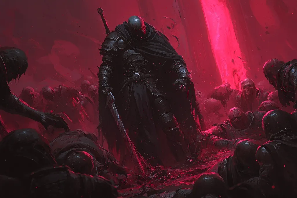A dark figure, clad in black armor and a hooded cloak, stands triumphantly amidst a pool of blood. He wields a large sword, its blade reflecting the crimson light emanating from a glowing portal behind him. The ground is littered with the corpses of fallen warriors, their twisted forms illuminated by the eerie glow.  The scene evokes a sense of violence and chaos, hinting at a brutal battle that has just concluded.