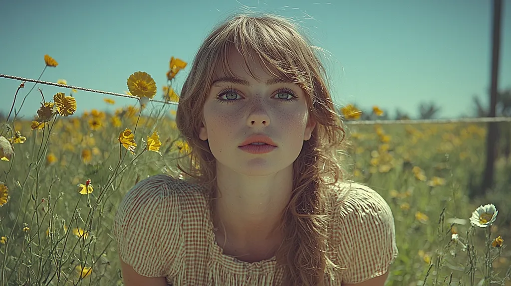 A young woman with long, wavy blonde hair looks directly at the camera with a soft expression. She has light blue eyes, freckles, and is wearing a light brown and white gingham shirt. She is standing in a field of yellow wildflowers and blue sky can be seen in the background. The image is a close-up portrait of the woman, with the flowers blurred in the background. The image has a soft, vintage feel.