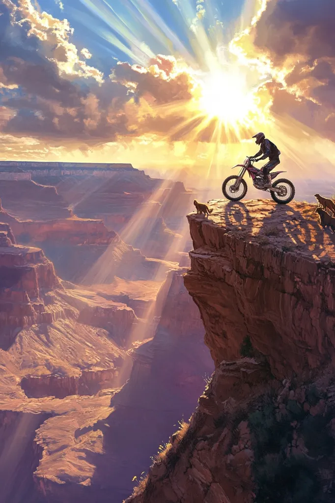 A lone motorcyclist rides a dirt bike along the edge of a steep cliff overlooking a vast canyon. The sun shines brightly in the sky, casting beams of light across the landscape. Two animals stand on the edge of the cliff, watching the rider. The scene is both awe-inspiring and dangerous, highlighting the beauty and power of nature.