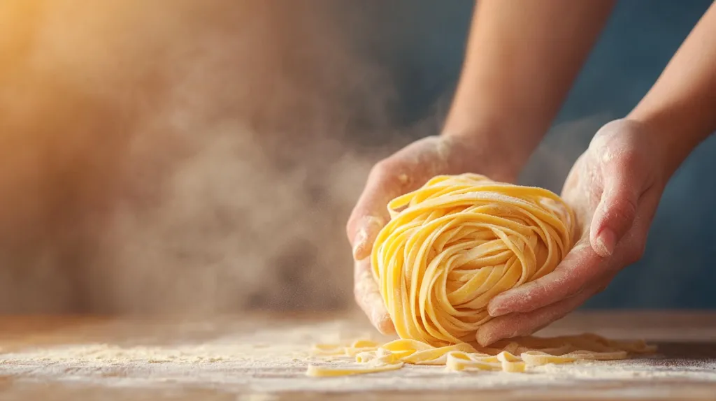A pair of hands, dusted with flour, carefully hold a large mound of fresh, golden pasta noodles. The noodles are arranged in a beautiful spiral shape, and the background is blurred, with a soft light shining from the left. The surface is covered in a thin layer of flour, creating a sense of warmth and tradition.  This image is a testament to the beauty of simple, homemade food.
