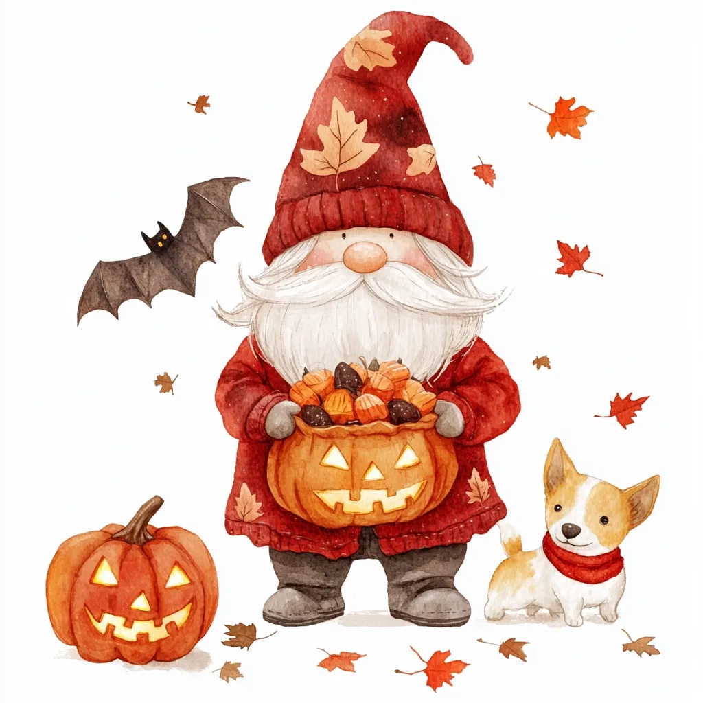 A gnome in a red hat and coat holds a jack-o'-lantern filled with autumn leaves. He stands next to a small dog wearing a red scarf. A bat flies overhead and fallen leaves scatter the ground. The scene is painted in a whimsical watercolor style.