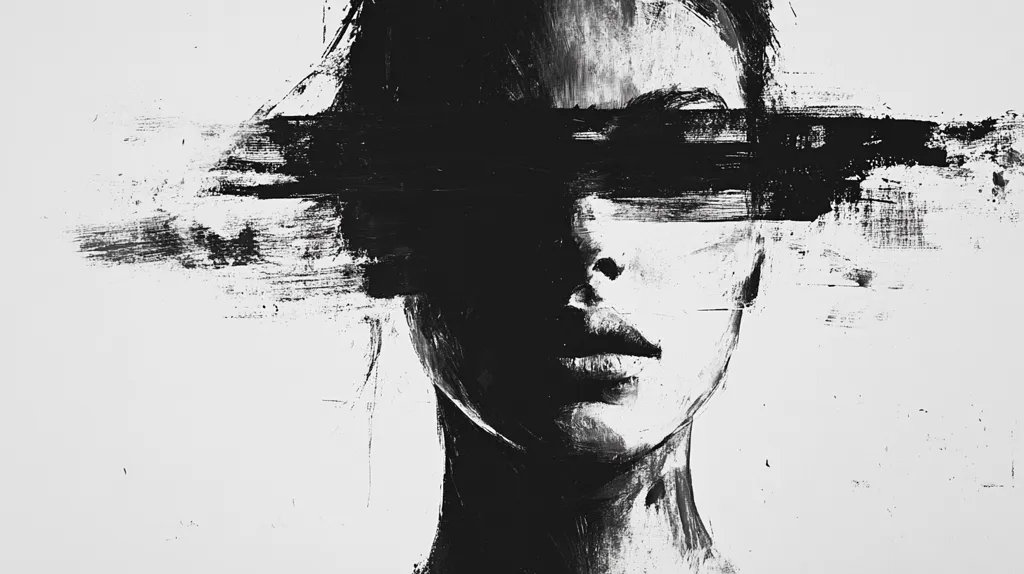 The image is a black and white portrait of a woman. The woman's face is obscured by a large black brushstroke that covers her eyes. The rest of her face is visible, including her nose, lips, and chin. The background is white, creating a stark contrast with the black brushstroke and the woman's face. The image is abstract and evocative, suggesting a sense of mystery and hidden emotions.  The overall effect is one of sadness and melancholy.