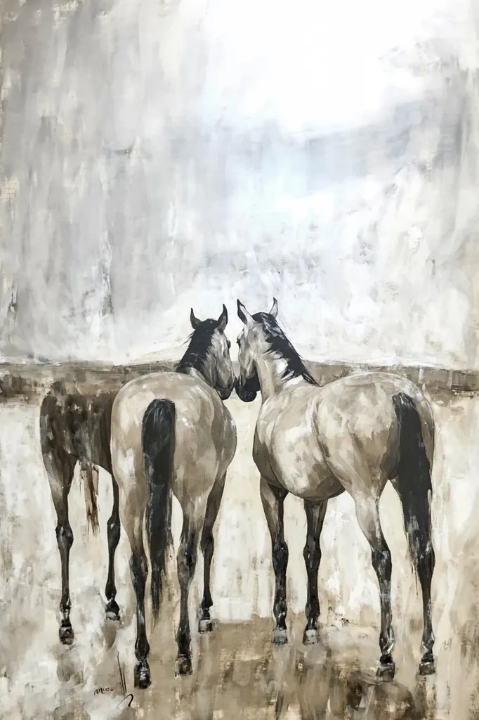 A painting of three horses, viewed from behind, standing in a field. The horses are brown with black tails. The background is a light grey and white wash, and the overall style of the painting is minimalist. The horses are arranged in a triangle shape, with the two center horses slightly turned towards each other, and the left horse facing forward. The painting evokes a sense of calm and tranquility.