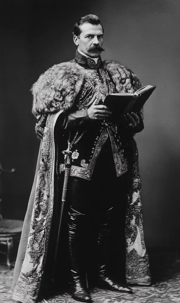 A man in a fur-trimmed robe and ornate uniform holds a book in his gloved hands. He is standing in front of a plain background and staring into the distance. His dark boots are visible and there is a hint of a chair in the foreground. The image is in black and white.  The man has a prominent mustache.