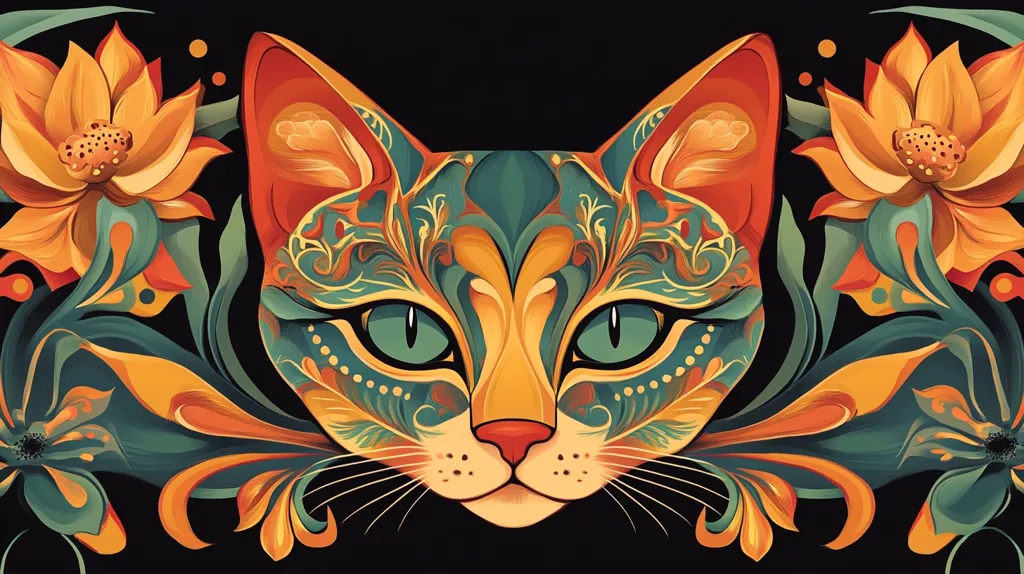 The image depicts a stylized cat's face, adorned with intricate floral patterns in shades of orange, green, and blue. Its large, emerald-green eyes are captivating, and its orange fur is delicately detailed. The floral elements surrounding the cat's face add a touch of whimsy and elegance to the composition. The overall aesthetic is bold and vibrant, showcasing a unique blend of animal and floral motifs.