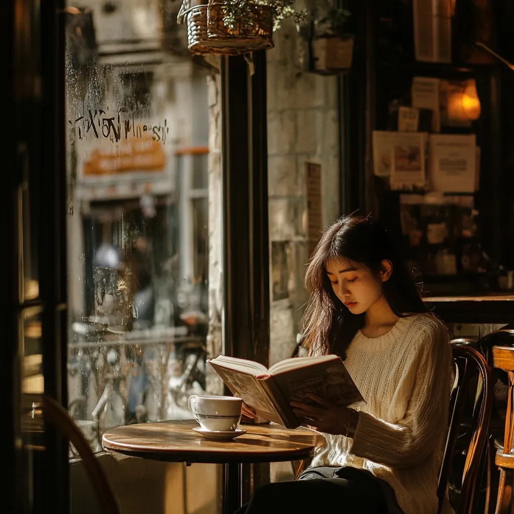 A young woman with long dark hair sits in a cafe, reading a book and enjoying a cup of coffee. The cafe is dimly lit, with a large window behind her that looks out onto a busy street. The cafe has a warm and inviting atmosphere, with wooden furniture and a rustic feel.  The woman is dressed in a white sweater and black pants, and she looks peaceful and content.