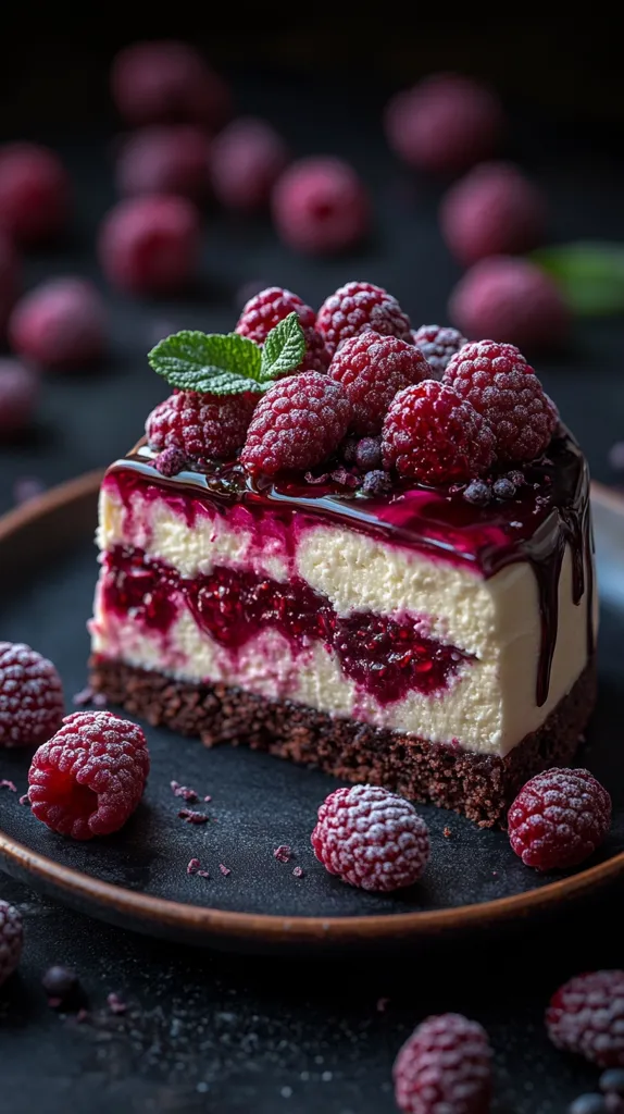 A slice of cheesecake sits on a black plate, topped with a generous layer of fresh raspberries and a drizzle of dark chocolate. The cake has a creamy white filling layered with a bright pink raspberry puree, and a dark chocolate crust. Scattered around the cake are more raspberries, creating a visually appealing and tempting dessert.  The background is blurred, focusing attention on the delectable centerpiece.