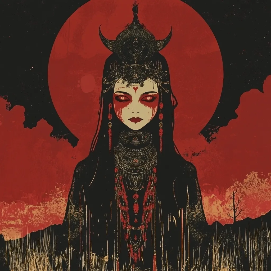 The image depicts a woman with long black hair, adorned with elaborate gold jewelry and a headpiece featuring crescent moons. Her face is painted with red markings and her eyes are piercing. She is standing against a backdrop of a large, red moon and a fiery, apocalyptic landscape. The overall tone of the image is dark and mysterious, suggesting a sense of power and danger.