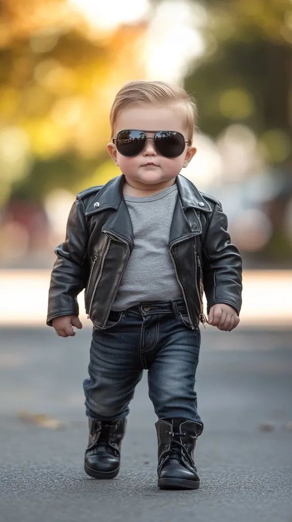 A young boy in a black leather jacket, dark sunglasses, blue jeans, and black boots walks down the street with a serious expression. He is dressed in a cool and stylish outfit, making him look like a miniature rockstar. The blurred background suggests a sunny day and a relaxed atmosphere.