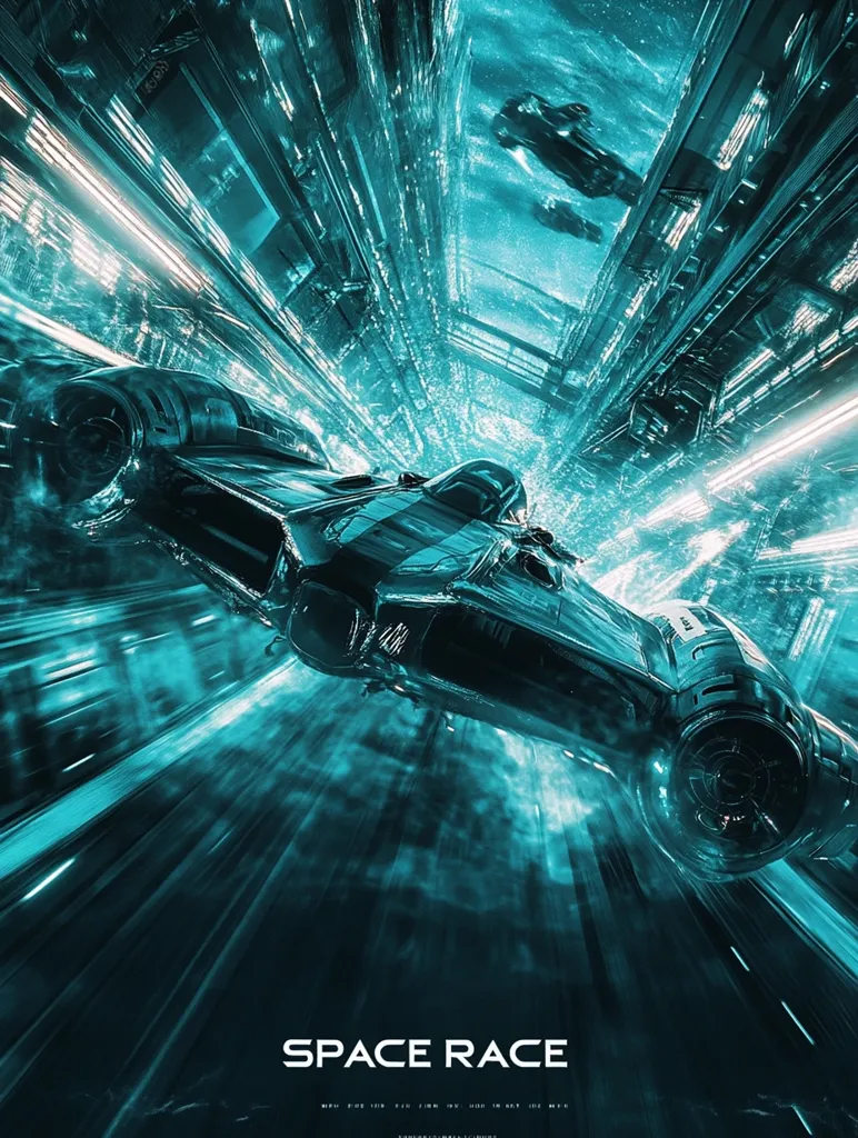 The image is a poster for a futuristic racing movie called "Space Race". A sleek, black spaceship races through a narrow, glowing blue space canyon. The ship is partially obscured by streaks of light, suggesting high speed and a thrilling race. The title of the movie is printed in white letters below the ship. The poster uses bold, dynamic colors and composition to convey the high-stakes, adrenaline-pumping action of the movie.