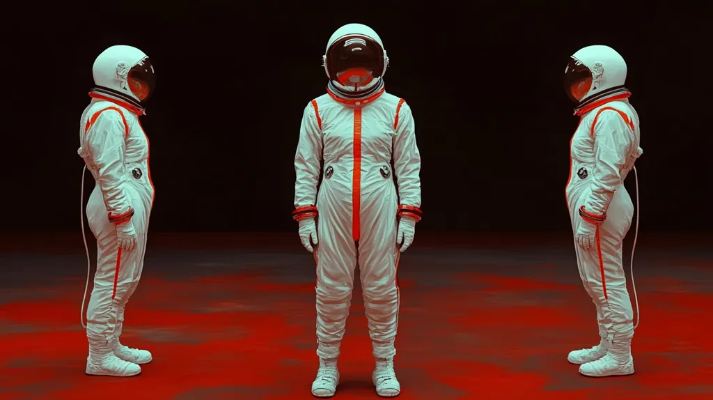 Three astronauts stand in a dimly lit room with a red floor. They are wearing white spacesuits with red accents. The central astronaut is facing forward, while the others are facing sideways. The astronauts appear to be in a solemn and contemplative mood.