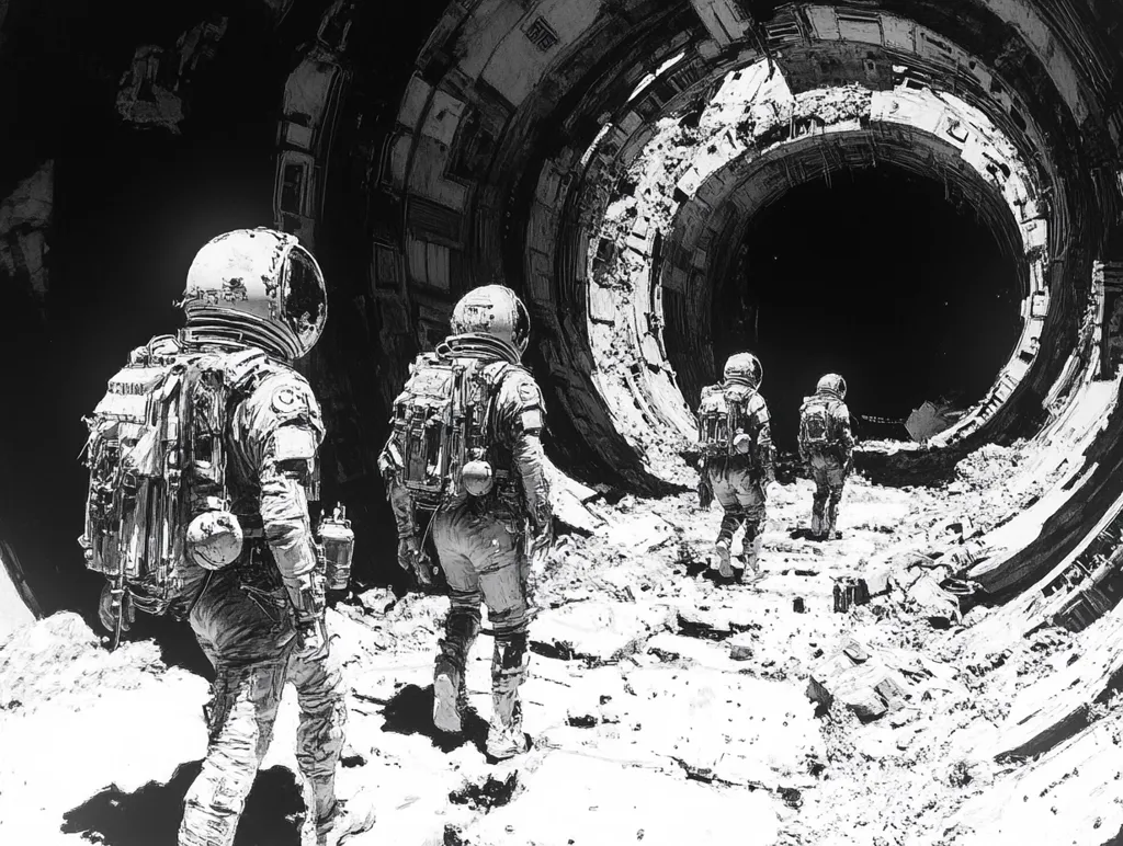 Three astronauts in spacesuits walk through a large, circular tunnel. The tunnel is made of metal and is covered in a layer of dust. The astronauts are walking towards a dark opening at the end of the tunnel. The image is in black and white, giving it a mysterious and eerie feel. The scene suggests a journey into the unknown.