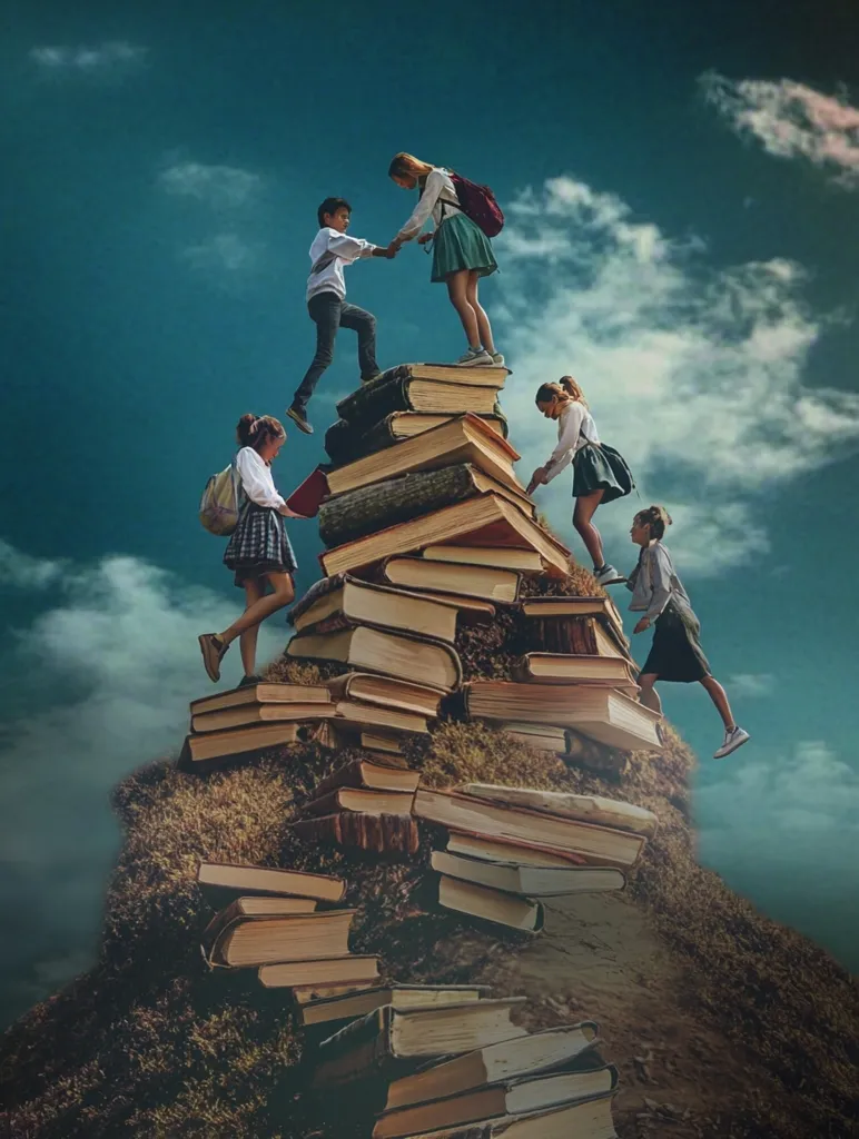 A group of children are climbing a mountain made of books. They are helping each other up, showing a collaborative spirit of learning and achieving goals together. The image suggests that education is a journey, with challenges along the way, but ultimately leads to a higher plane. The sky, a canvas of blues and whites, represents endless possibilities.  The image inspires optimism and the pursuit of knowledge.