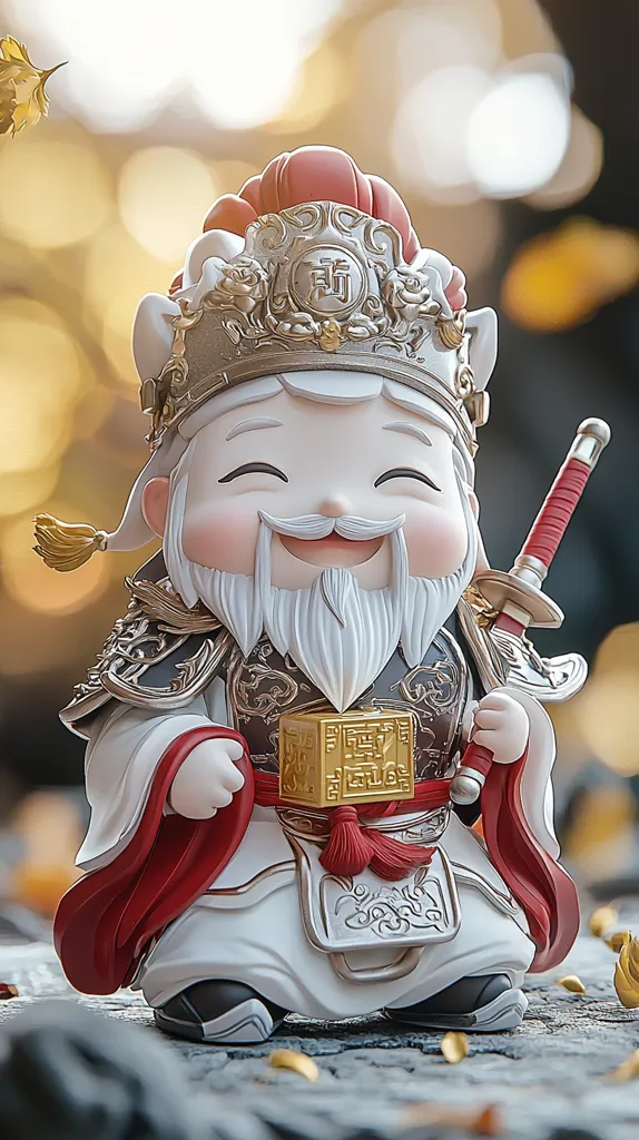 A figurine of a smiling, chubby, Chinese deity wearing a golden crown, ornate armor, and a long white robe. He holds a golden box and a red-and-gold sword. The background is a blur of golden lights. The figurine is made of porcelain. The image conveys a sense of good luck and prosperity.