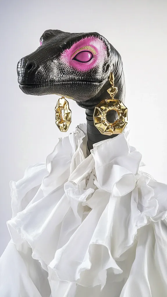 A black dinosaur head with pink eyeshadow and gold earrings is wearing a white ruffled blouse. The dinosaur's eye is visible and the blouse is a large, frilly collar that covers the rest of its body. The background is a plain white.  The image is a creative and playful representation of fashion and style.