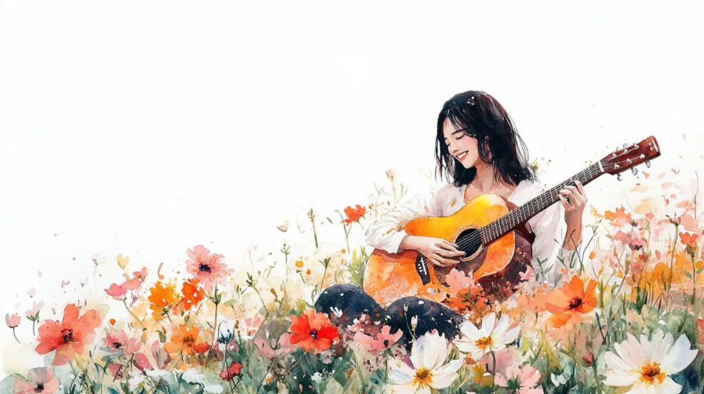A watercolor painting depicts a young woman with long black hair, sitting in a field of colorful flowers. She is strumming a guitar and smiling, radiating a sense of joy and peace. The vibrant hues of the flowers and the soft, ethereal quality of the watercolor create a dreamy and romantic atmosphere. The painting evokes feelings of serenity and the beauty of simple pleasures.