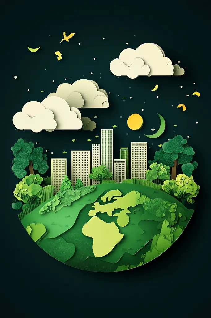 A paper-cut style illustration depicting a green Earth with a cityscape nestled into its surface. Clouds and stars adorn the dark blue sky above, with a crescent moon and a sun peeking through the clouds. The vibrant green hues of the Earth contrast with the cool blues of the sky, emphasizing the importance of environmental care.  The intricate details of the paper-cut style add depth and a sense of artistry to the image.  It's a captivating visual message about the interconnectedness of urban life and our planet.