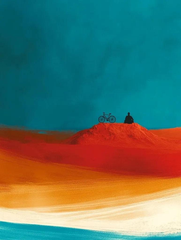A minimalist digital painting depicts a lone figure sitting atop a red hill with a bicycle beside them. The hill is surrounded by layers of orange, white and blue, suggesting a landscape. The vast blue sky above is filled with soft clouds, creating a sense of tranquility and solitude.  The use of bold colors and simple forms creates a striking visual impact.