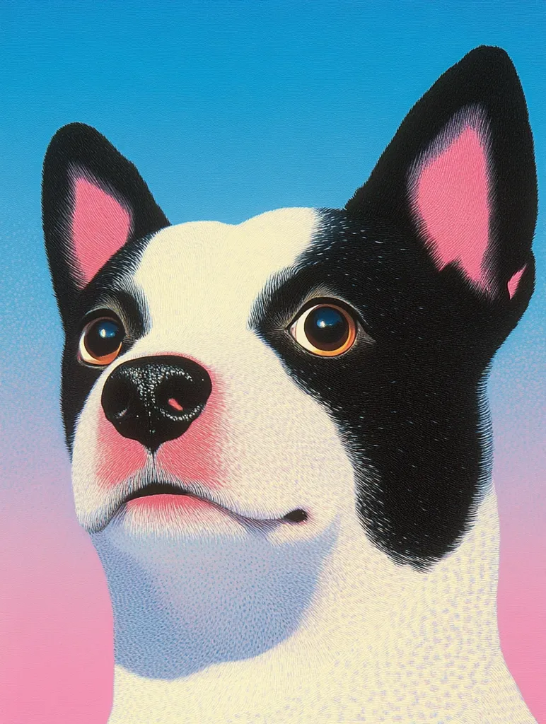 A close-up of a dog's face. The dog has black and white fur, with pink ears and a pink nose. The dog's eyes are wide and alert, and its mouth is slightly open, as if it is about to bark. The background is a gradient of blue and pink. The dog's fur is rendered in a stippled style.