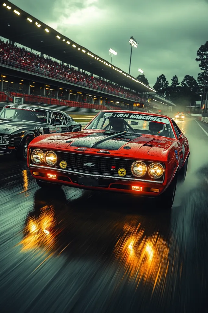 A red muscle car with a black racing stripe speeds down a wet track.  The car is in the foreground, with a black muscle car behind it. The track is lined with grandstands, and the rain is falling as the car speeds down the track. The reflection of the car's headlights is seen on the wet track in front of it.