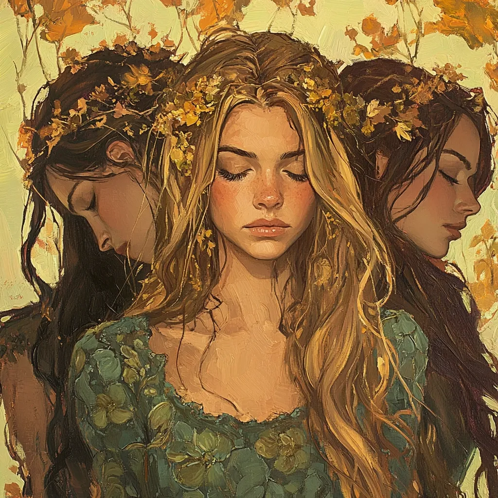 A painting of three women with long flowing hair adorned with floral crowns. The woman in the center has her eyes closed and a serene expression, while the women on either side gaze off to the side. They are dressed in flowing garments and surrounded by a soft, yellow background. The painting conveys a sense of tranquility and ethereal beauty.