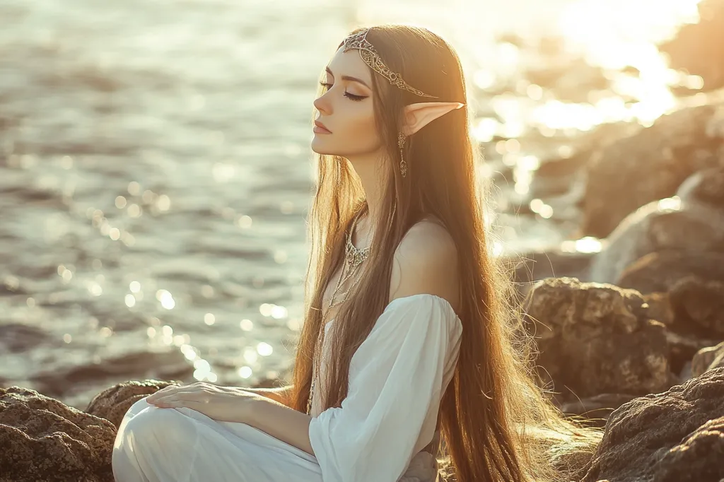 A young woman with long brown hair and pointed ears, dressed in a white gown, sits on rocky shore with the ocean behind her. She is wearing a golden headband and a necklace. Her eyes are closed, and she appears to be in a state of deep thought or meditation. The sun shines brightly behind her, casting a warm glow over the scene.