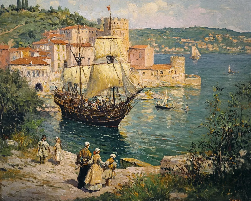 A large sailing ship is docked in a harbor. The ship is filled with people and has a large white sail. The harbor is surrounded by buildings and hills, with more ships in the distance. The water is a calm blue-green color.  Several people are walking along the shore in the foreground. The painting is done in a realistic style with bright colors.