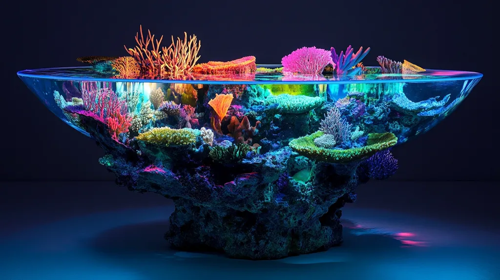 A large, clear glass bowl sits on a dark blue surface. Inside, a miniature coral reef scene is recreated. Various colorful coral formations and plants are arranged in a realistic manner. The water is crystal clear, reflecting the vibrant colors of the coral. The bowl is illuminated from below, casting a soft, blue glow on the surface. The overall effect is of a peaceful, underwater oasis.
