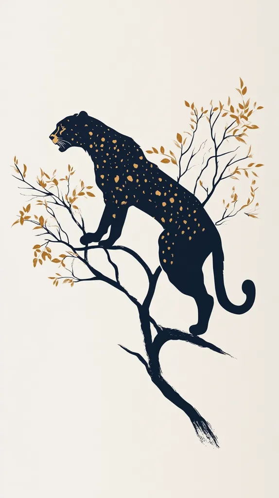 The image depicts a stylized silhouette of a black leopard with gold spots, perched atop a bare, stylized tree branch. The leopard's pose is dynamic and alert, with its head turned towards the viewer. The background is a simple off-white, highlighting the contrasting black and gold tones of the leopard and tree. The artwork conveys a sense of both strength and elegance.