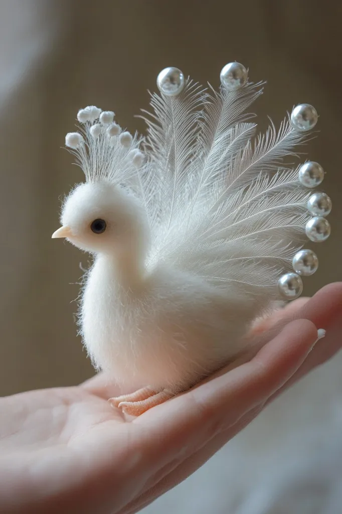 A small, fluffy, white bird with a pearl-adorned crown of feathers sits on a hand, its delicate feet resting gently. The bird's white plumage is soft and delicate, resembling a miniature peacock. The pearls sparkle, adding an element of elegance and charm. The image evokes a sense of grace and wonder, highlighting the beauty of nature and the joy of gentle companionship.