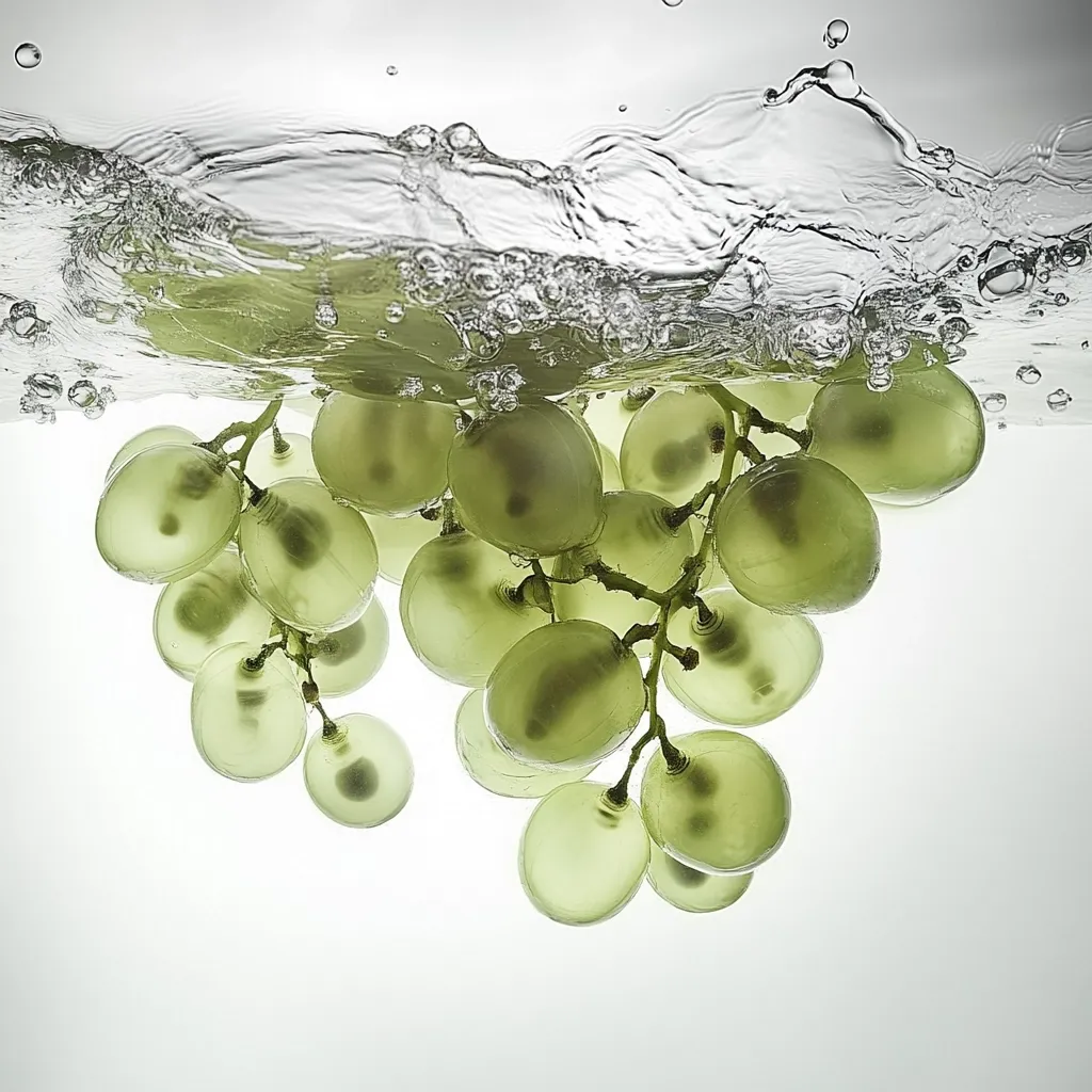 A bunch of green grapes are submerged in clear water, creating a splash. The grapes are clustered together, with their skins translucent and allowing the water to seep through. The image captures the moment of immersion, with water droplets and bubbles surrounding the grapes.