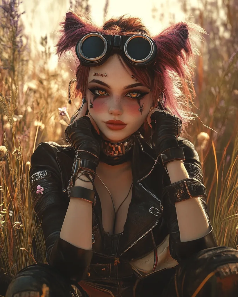 A woman with pink hair and cat ears wears goggles and a black leather jacket. She has dark makeup and a serious expression. She sits in a field of tall grass, her arms crossed in front of her. The sunlight casts a warm glow on her face. The overall image has a futuristic or cyberpunk aesthetic.