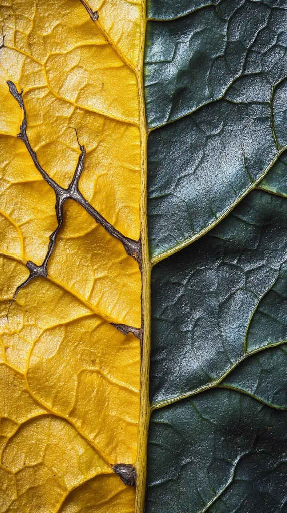 A close-up shot of a leaf divided in half. The left side is a vibrant yellow, with intricate veins branching out from a central line. The right side is a deep, rich green, with a similar vein pattern but a smoother texture. The contrast between the two halves highlights the beauty of nature's subtle variations.