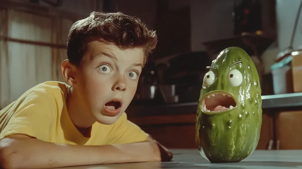 A young boy with a yellow shirt stares in shock at a green pickle with a face. The pickle has large, white eyes, a gaping mouth with teeth, and a furrowed brow, making it look angry. The boy's mouth is open in a wide, surprised expression.  The scene is lit with a warm, yellow light.  The image suggests a playful scene from a children's movie.