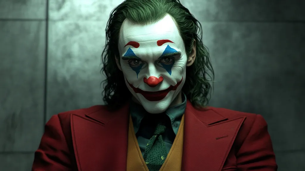 The Joker, portrayed by Joaquin Phoenix, stares intensely at the viewer with a sinister smile. His green hair frames his face, which is painted with a clown-like makeup of white, red, and blue. He is wearing a red suit with a green tie, adding to his unsettling persona. The dark and gritty background emphasizes the character's menacing nature. The image evokes a sense of unease and anticipation, hinting at the Joker's chaotic and unpredictable personality.