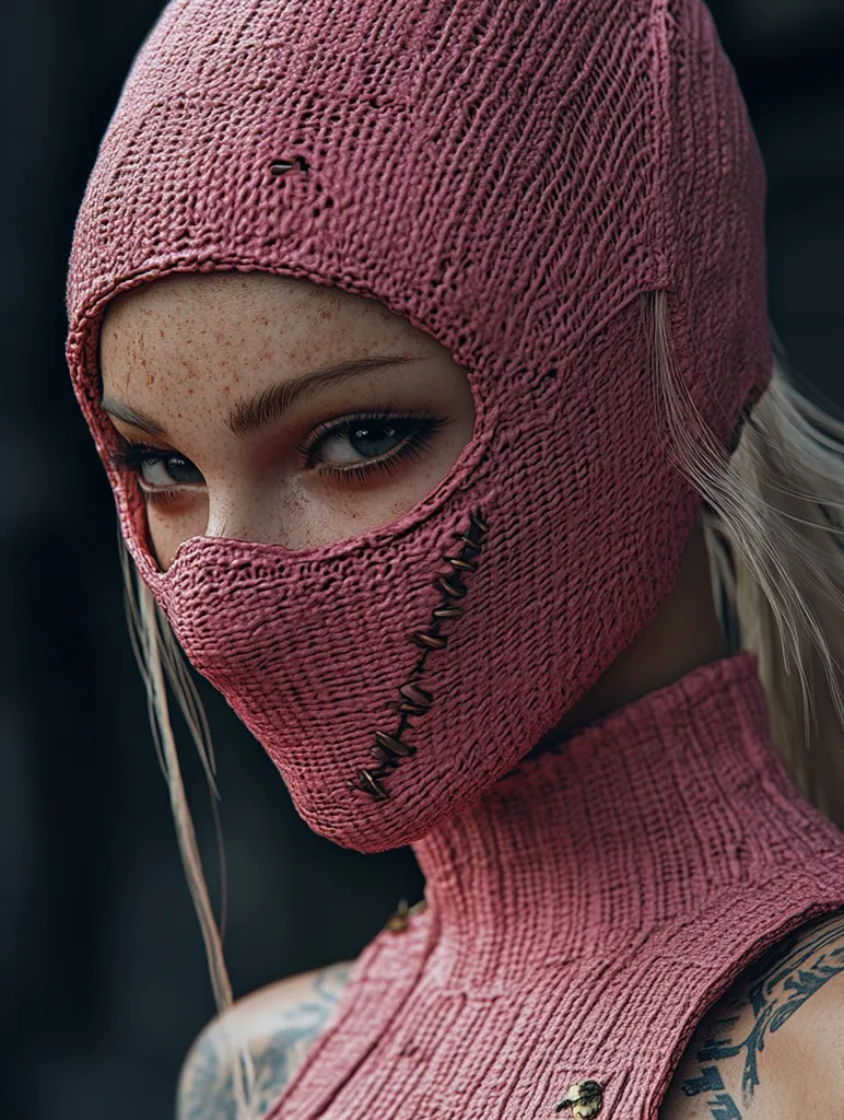A young woman with pale skin and freckles, wearing a pink knitted balaclava, looks directly at the viewer with a serious expression. Her eyes are visible, framed by thick eyelashes, but her mouth is covered by the fabric. The balaclava is detailed with stitches and metallic accents, adding a touch of grunge. The lighting casts a subtle shadow over her face, highlighting her features and the textured fabric.  She appears mysterious and captivating, with a hint of danger in her gaze.