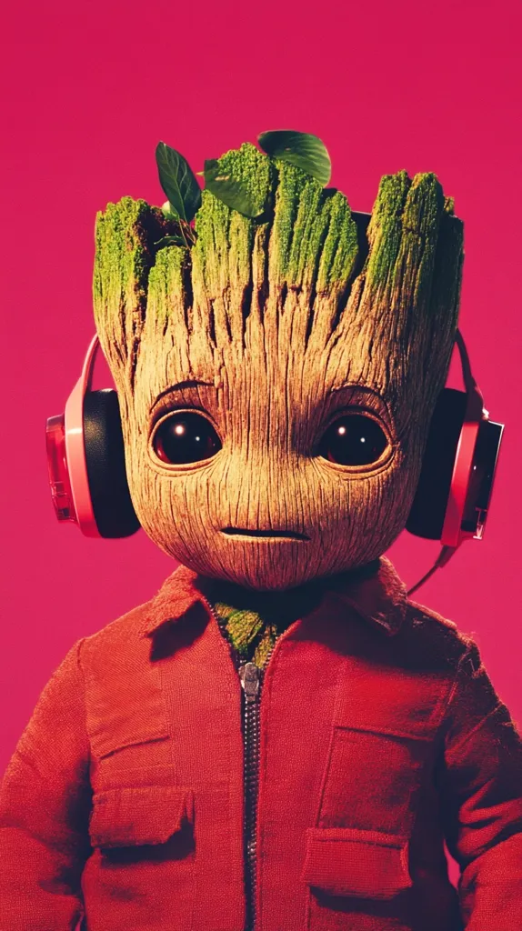 A close-up portrait of a CGI version of Groot from the Marvel Cinematic Universe. He is wearing a red jacket and a pair of bright pink headphones. The background is a solid, bright pink. The image is in a stylized and artistic way, with sharp details and smooth transitions. The image has a humorous and cute feeling to it.  Groot's expression is serious, looking slightly downcast. He appears to be listening to music.  The overall composition is focused on Groot's face.