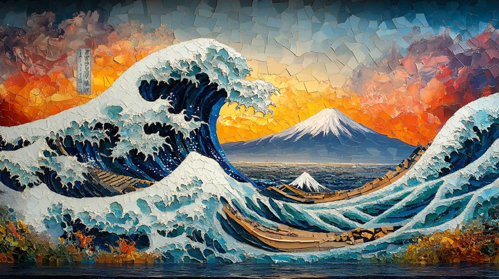 The image depicts a mosaic rendition of Hokusai's "The Great Wave off Kanagawa," a famous Japanese woodblock print. The mosaic is made of small, colorful pieces of material, creating a textured and visually interesting effect. The wave is depicted in a dramatic, swirling fashion, with Mount Fuji visible in the background. The image evokes a sense of awe and wonder, reflecting the power and beauty of nature.
