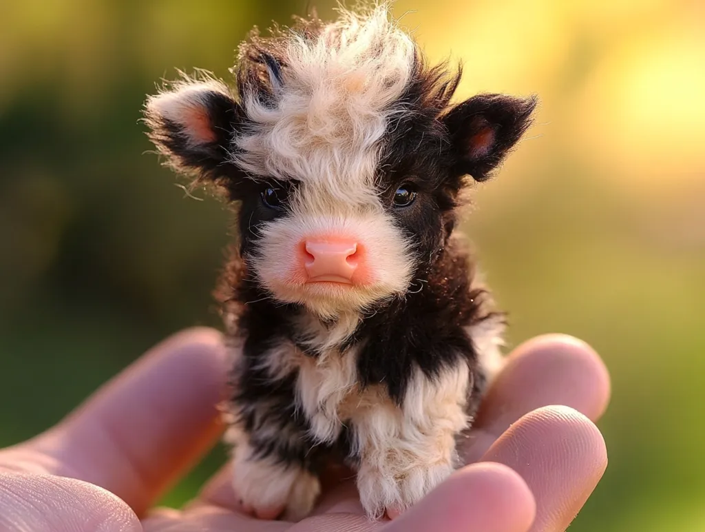 A small, fluffy calf with black and white fur sits in the palm of a hand. Its large, dark eyes stare intently at the camera, and its pink nose twitches slightly. The calf's soft fur is a stark contrast to the rough texture of the hand holding it. The background is blurred, drawing focus to the calf's tiny, adorable features.