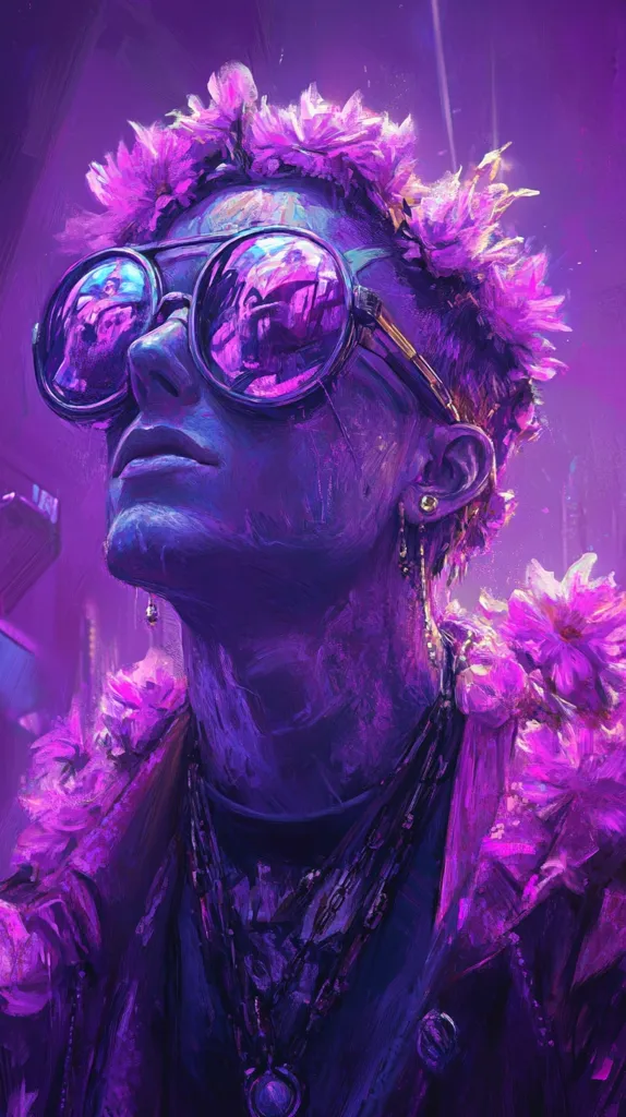 The image depicts a person with a flower crown and large, round sunglasses, looking upwards with a dreamy expression. The subject is painted in shades of purple and pink, with a heavy use of brushstrokes. The overall tone of the image is ethereal and mystical. The flowers and sunglasses add to the subject's sense of mystery and individuality.