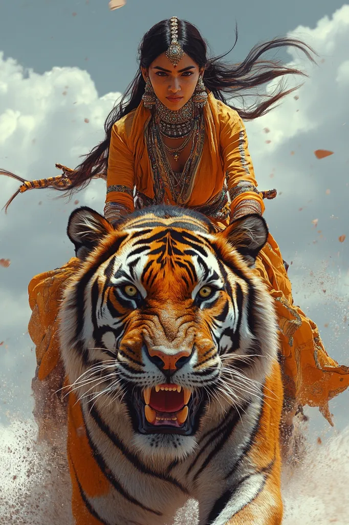 A young woman in a bright yellow outfit adorned with gold jewelry rides a tiger, its fangs bared in a fierce snarl. The woman's long black hair flows behind her as she rides through a hazy, dusty landscape. The tiger’s orange and black stripes are vivid against the muted background.