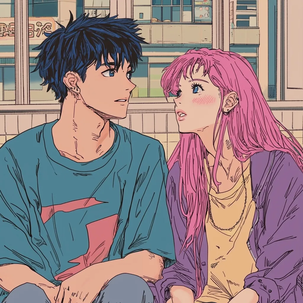 The image depicts a young couple, a boy with black hair and a girl with long pink hair, sitting side by side. They are looking at each other, with the girl blushing. The boy is wearing a blue t-shirt and the girl is wearing a purple jacket over a yellow shirt.  The background is a city setting, with buildings and windows. The image has a soft and romantic vibe, and the characters are drawn in a manga style.