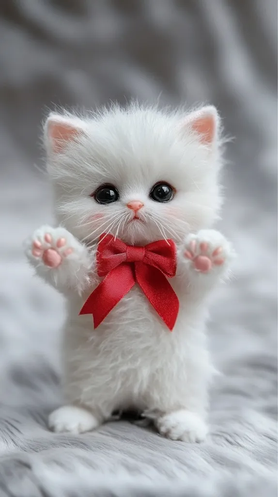 A small, fluffy white kitten with big, dark eyes is sitting on a fuzzy gray surface. It has a large red bow tied around its neck and is looking at the camera with a curious expression. Its paws are outstretched, and its fur appears incredibly soft. The kitten's adorable features and playful stance create a heartwarming image.
