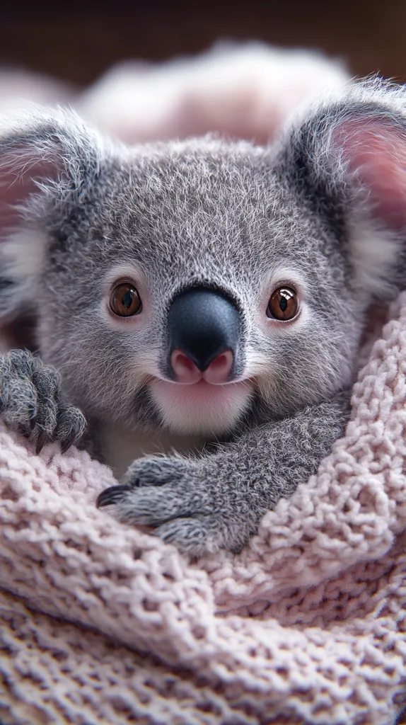 A close-up shot of a young koala with large, dark eyes, a small black nose, and a soft, furry face.  The koala is nestled in a pink knitted blanket, creating a warm and cuddly image.  The koala's large, furry paws are visible, adding to the cuteness of the picture.