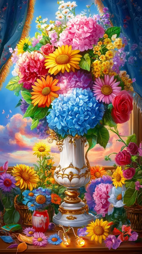 A beautiful still life painting of a large bouquet of flowers in a white ornate vase. The flowers include pink roses, sunflowers, hydrangeas, daisies, and other varieties. The flowers are arranged against a backdrop of a window with a blue sky and clouds. The scene is bathed in warm, natural light. The flowers appear fresh and vibrant, creating a sense of beauty and joy.
