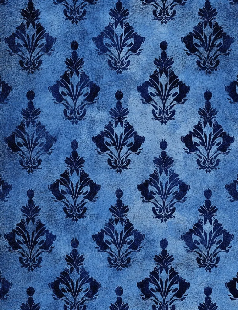 The image is a seamless pattern of dark blue damask designs on a light blue background. The damask design is a stylized floral motif with intricate details. The pattern is repeated throughout the image, creating a sense of symmetry and elegance. The texture of the background adds a subtle depth to the design. The overall effect is one of classic and sophisticated beauty.