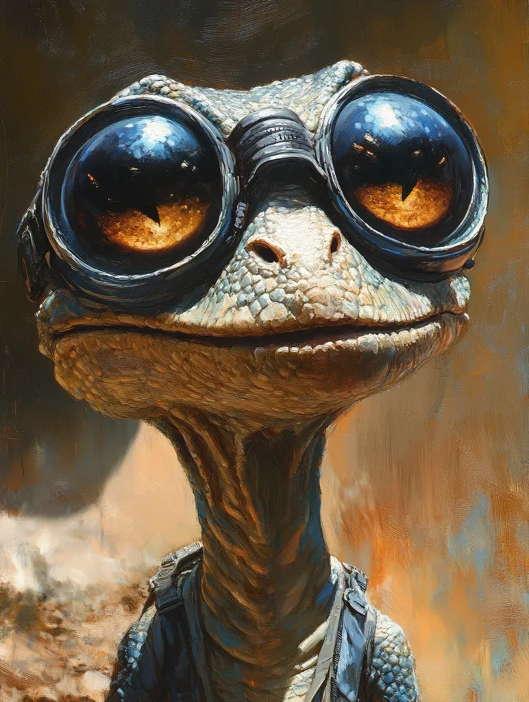 The image is a close-up portrait of a fictional creature. It has large, round, dark-rimmed goggles with a light brown reflection. The creature has reptilian skin and a long neck, giving it a somewhat alien appearance. The background is blurred and suggests a desert environment. The creature is looking directly at the viewer with a slightly mischievous expression. The painting style is reminiscent of an oil painting, with visible brushstrokes and texture.  The overall mood is playful and slightly eerie.