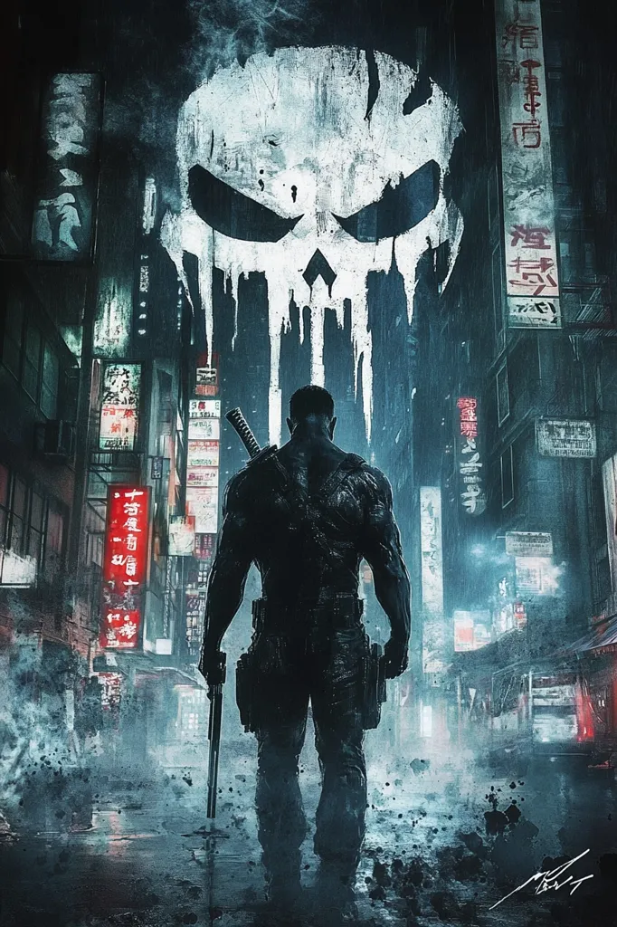 The image depicts a man in a dark, ominous alleyway in a city. He is silhouetted against a large, white skull with dripping paint, which is painted on the wall behind him. The man is armed with a katana and a pistol, suggesting a sense of danger and violence. The setting is dark and gloomy, with a sense of mystery and intrigue. Japanese characters on signs in the background suggest a location in Asia. The overall atmosphere is one of danger and impending action.