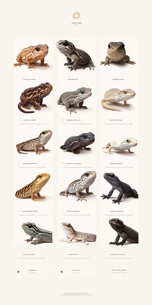 The image shows a grid of 18 lizards, each with a unique pattern and color. They are all posed against a plain white background, showcasing their distinct features. The lizards are arranged in rows of three, with each lizard labeled with its scientific name and common name.